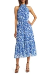 Chelsea28 Floral Print Halter Neck Maxi Dress In Blue Surf Aster Floral