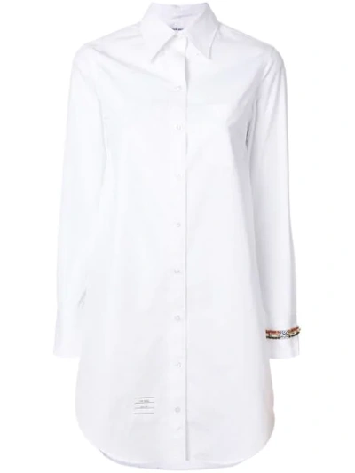 Thom Browne Classic Long Sleeve Button Down Point Collar Thigh Length Shirtdress With Jewelry Applique In Solid  In 100 White