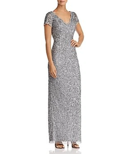 Adrianna Papell Short-sleeve Beaded Gown In Silver Gray