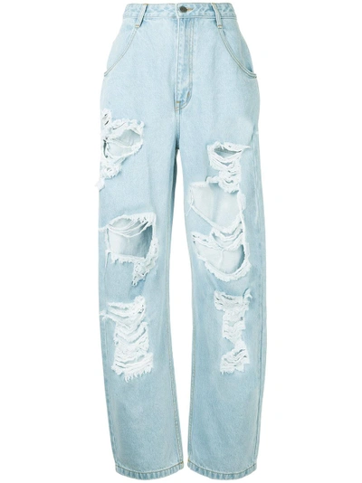 Pony Stone High Waist Distressed Baggy Jeans - Blue