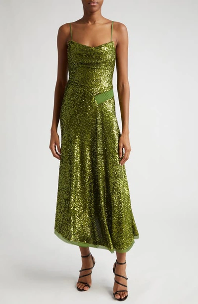 Jason Wu Collection Asymmetric Sequin Gown With Mesh Inset Detail In Avocado