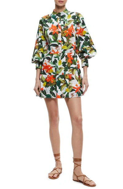 Alice And Olivia Cailin Floral Button-front Long-sleeve Mini Dress In Tropical Sunrise Off White