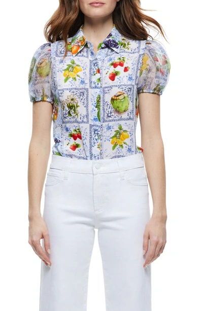 Alice And Olivia Willa Silk Printed Puff-sleeve Blouse In Fruit Market