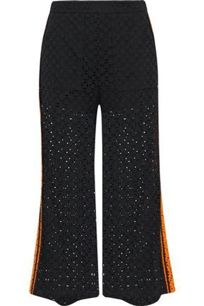 Msgm Woman Cropped Broderie Anglaise Cotton Wide-leg Pants Black