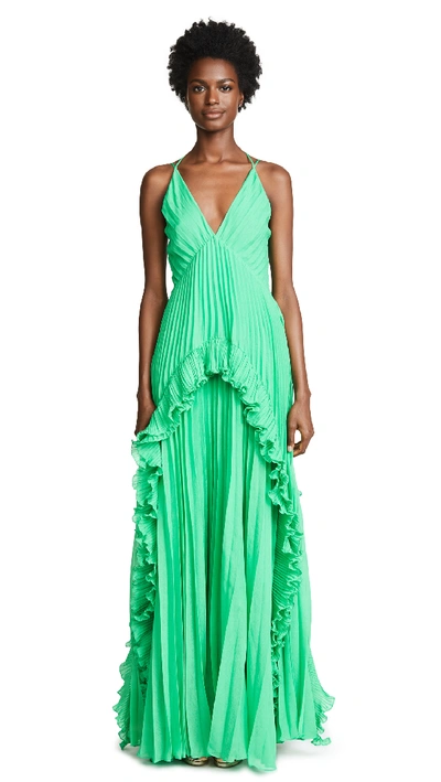 Halston Heritage Ruffled Plissé-chiffon Maxi Dress In Jade