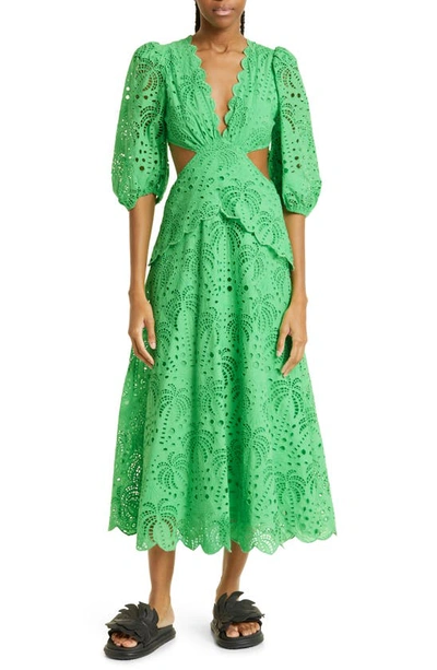 Farm Rio Cotton Eyelet Midi Dress In Green