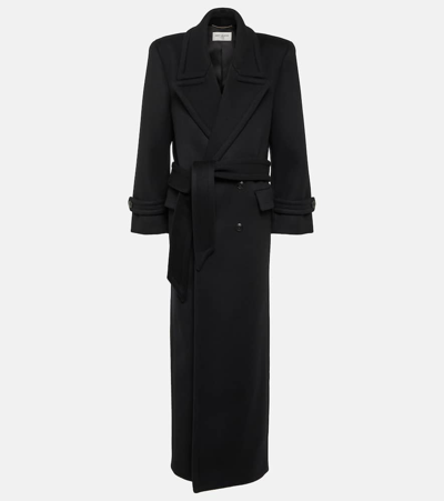 Saint Laurent Oversized Belted Double-breasted Wool Coat In Noir Profond