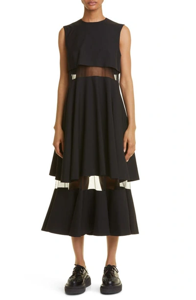 Noir Kei Ninomiya Mesh-trimmed Wool Midi Dress In Black