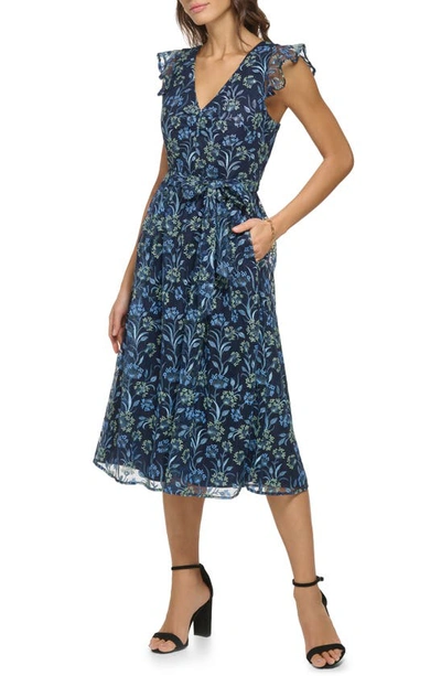 Kensie Floral Embroidered Maxi Dress In Navy/ Green Mutli
