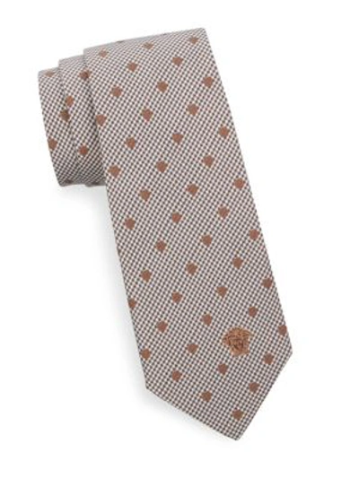 Versace Houndstooth And Polka Dots Silk Tie In Light Brown