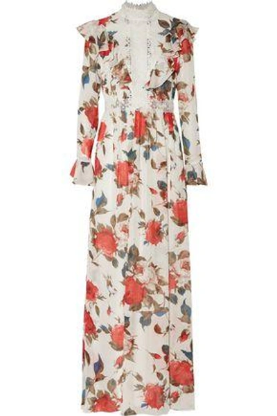 Mikael Aghal Woman Guipure Lace-trimmed Ruffled Floral-print Chiffon Gown Off-white