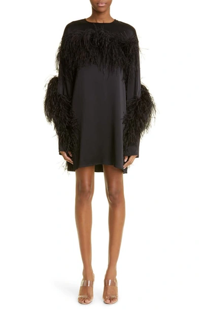 LAPOINTE Ostrich Feather Trim Long Sleeve Double Face Maxi Dress