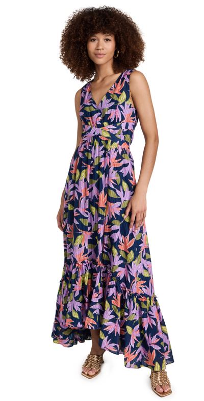 Ramy Brook Miles Floral Pleated V-neck Maxi Dress In Navy Paradise