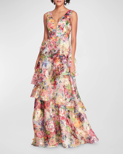 Marchesa Notte Sleeveless Embroidered Organza Gown In Multi