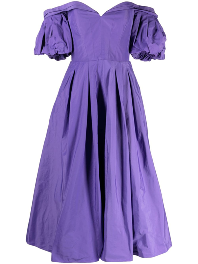 Marchesa Notte Pleated Off-shoulder Taffeta Midi Dress In Purple