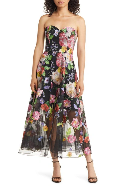 Marchesa Notte Strapless Floral-embroidered Tulle Midi Dress In Black/pink