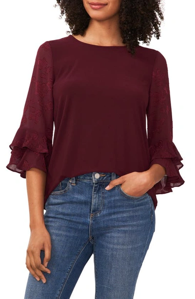 Cece Mixed Media Ruffle Sleeve Top In Rich Cabernet