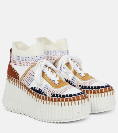 Chloé Nama Platform Knit High-top Sneakers In White