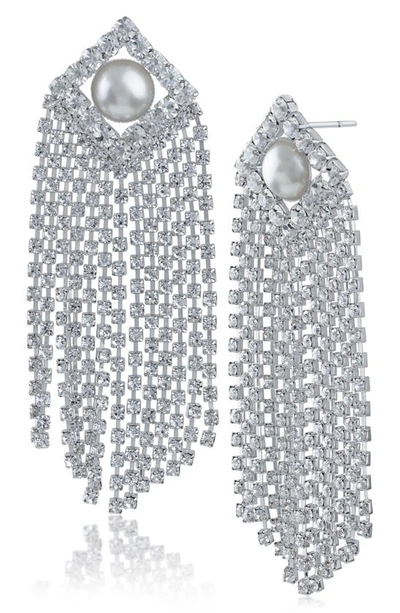 Jardin Imitation Pearl & Crystal Fringe Drop Earrings In White/ Clear/ Silver