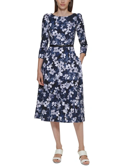 Calvin Klein Womens Knit Floral Midi Dress In Blue