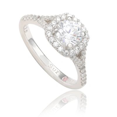 Suzy Levian Sterling Silver White Round Cut Cubic Zirconia Halo Ring