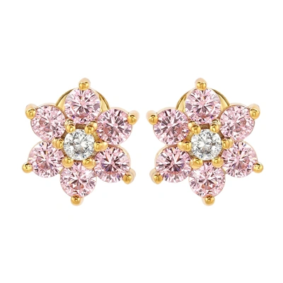 Suzy Levian Yellow Sterling Silver Pink Cubic Zirconia Flower Earrings