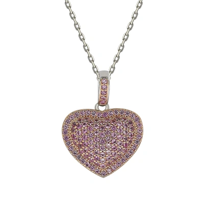 Suzy Levian Pink Sapphire Rose Sterling Silver Pave Heart Pendant