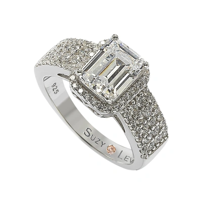 Suzy Levian White Sterling Silver Emerald-cut White Cubic Zirconia Halo Ring