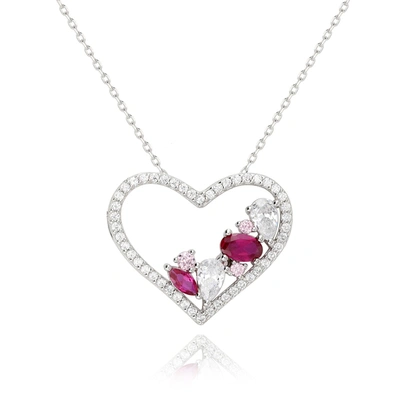 Suzy Levian Sterling Silver Ruby & White Cubic Zirconia Heart Pendant Necklace In Pink