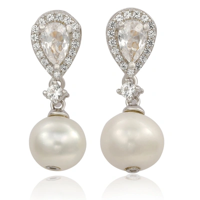 Suzy Levian Sterling Silver Pearl & Pear Shape White Sapphire Earrings