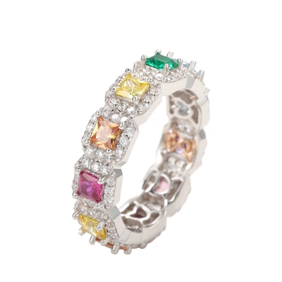 Suzy Levian Sterling Silver Rainbow Cubic Zirconia Princess Cut Eternity Band In Multi
