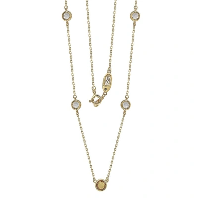 Suzy Levian Yellow Sapphire & Diamond Accent (1.50cttw) Golden Sterling Silver 5 Stone Station Necklace