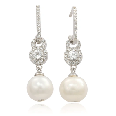 Suzy Levian Sterling Silver Pearl And White Sapphire Drop Earrings