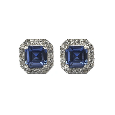 Suzy Levian Sterling Silver Assher Cut Sapphire Halo Stud Earrings In Blue
