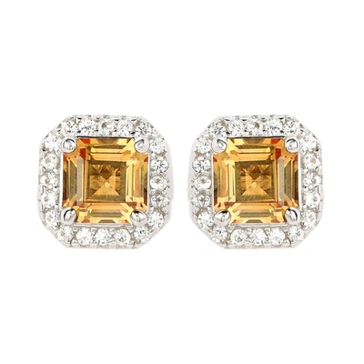 Suzy Levian Sterling Silver Assher Cut Yellow Sapphire Halo Stud Earrings