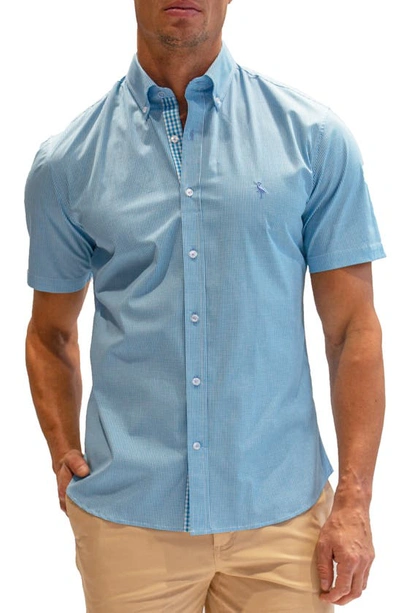 Tailorbyrd Microprint Short Sleeve Stretch Cotton Button-down Shirt In Teal