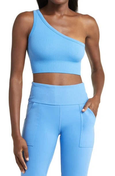 Zella Allure One-shoulder Ribbed Sports Bra In Blue Regatta