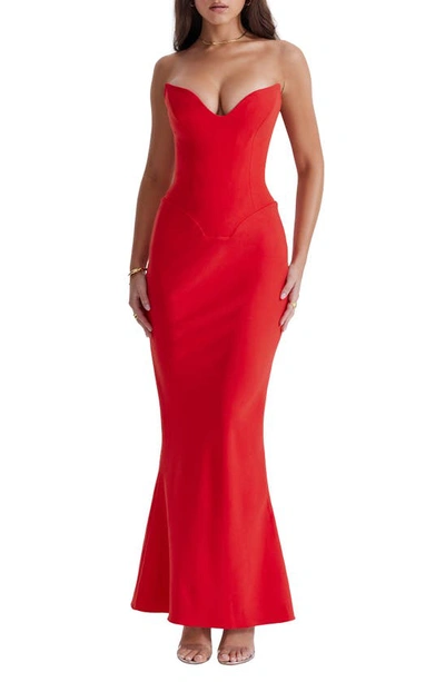 House Of Cb Strapless Stretch Satin Gown In Red Rose