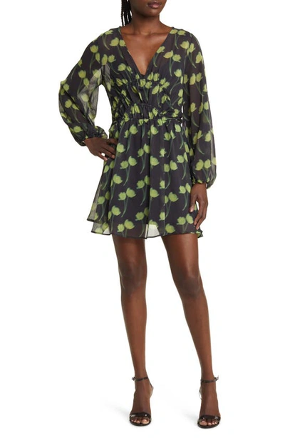 Topshop Floral Ruched Long Sleeve Dress In Medium Green