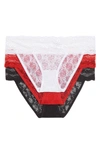 B.tempt'd By Wacoal Assorted 3-pack Lace Kiss Bikinis In White,crimson,black