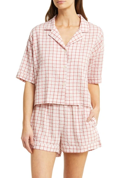 Papinelle Gingham Cotton Blend Seersucker Short Pajamas In Cinnamon Pink Gingham