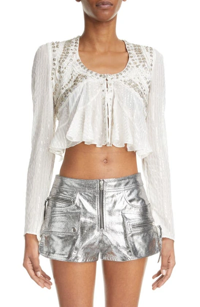 Isabel Marant Olaya Metallic Stripe Beaded Silk Crop Top In White