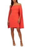 Adrianna Papell Off The Shoulder Long Sleeve Capelet Cocktail Dress In Calypso Coral