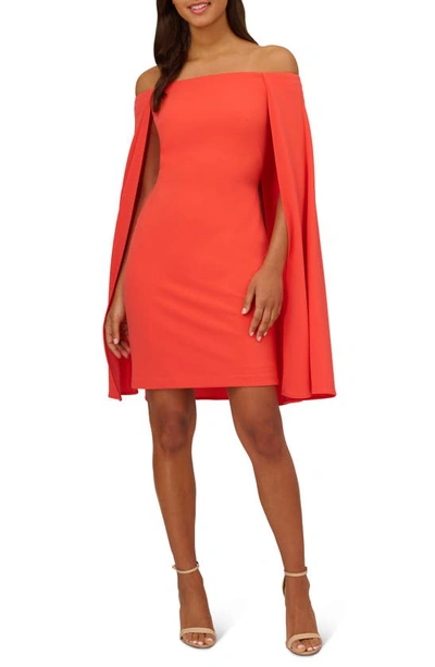 Adrianna Papell Off The Shoulder Long Sleeve Capelet Cocktail Dress In Calypso Coral