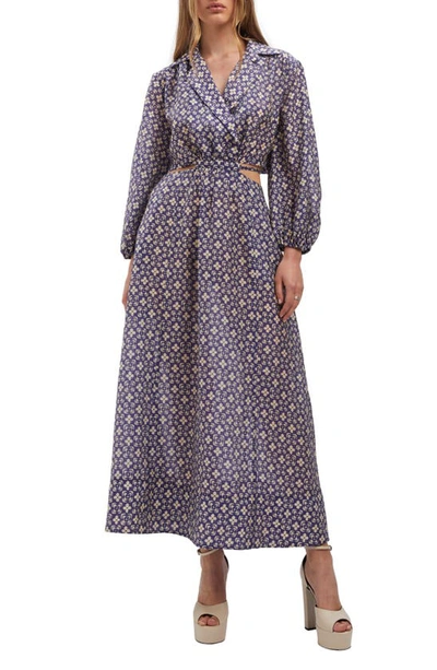 Bardot Arden Floral Tile Cutout Long Sleeve Maxi Dress In Navy Print