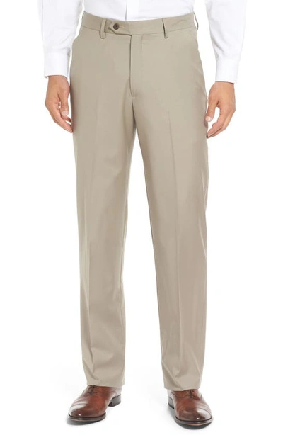 Berle Flat Front Solid Wool Trousers In Tan