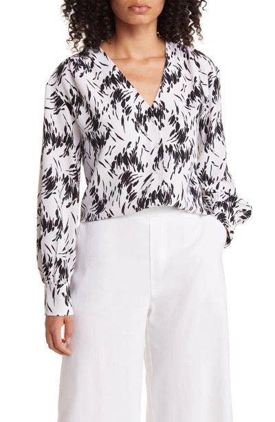 Nordstrom Print V-neck Blouse In White- Black Swipe
