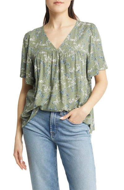 Caslon Print V-neck Gauze Top In Green Dune Scrolling Ditsy