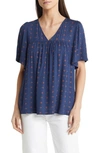 Caslon Print V-neck Gauze Top In Navy Peacoat- Rust Ditsy Geo