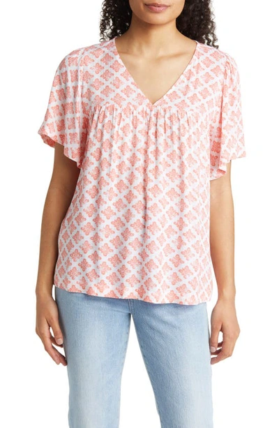 Caslon Print V-neck Gauze Top In White- Coral Tile Geo
